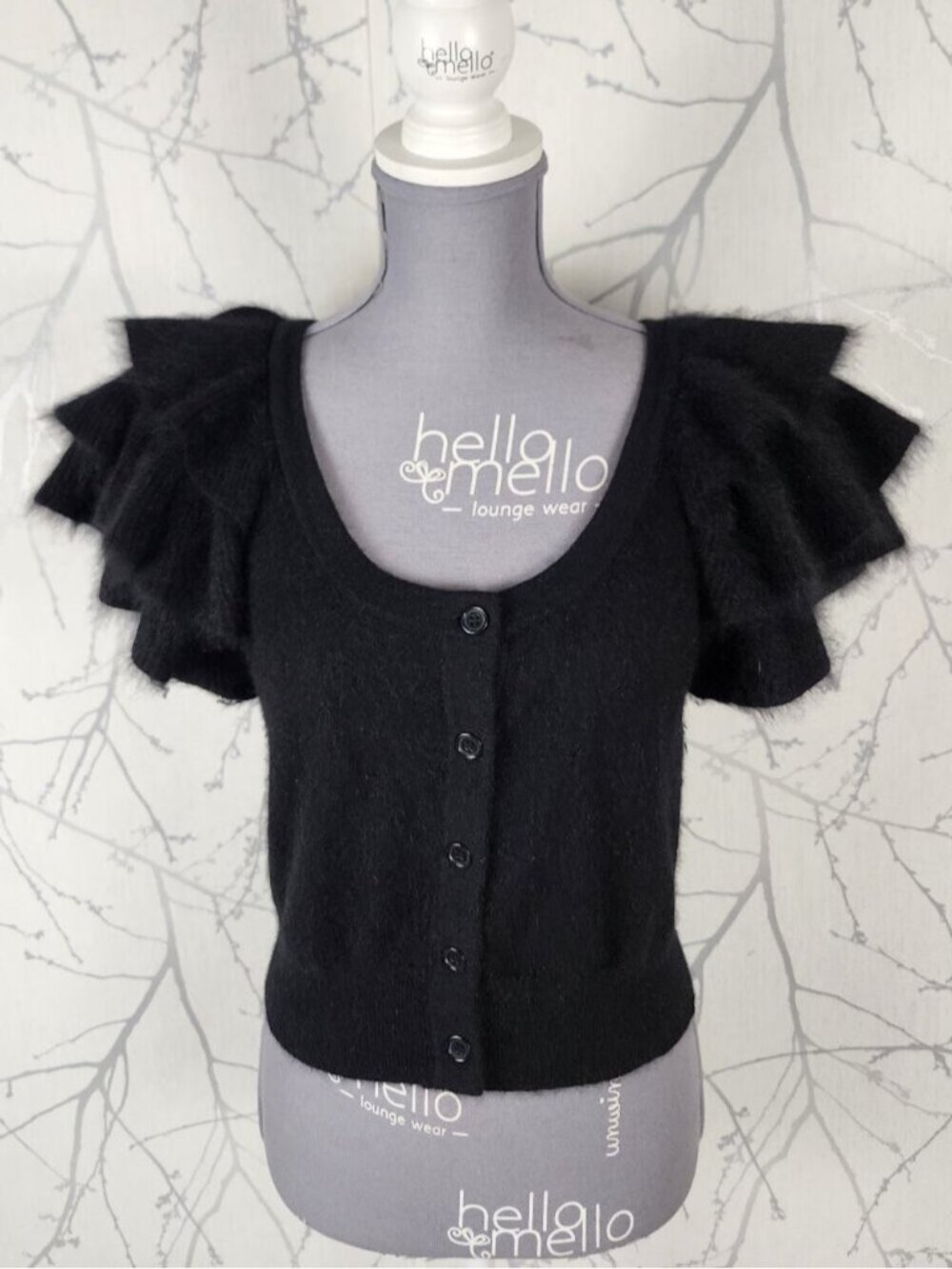 French Connection 70% Angora Fuzzy Ruffle Frill Cropped Cardigan